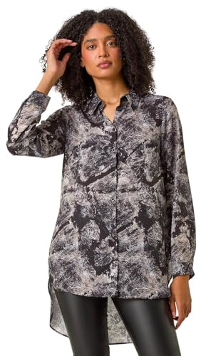 Roman Originals Shirt for Women Ladies Cotton Blouse Button Through Tunic Printed Top Work Long Sleeve Smart Casual Going Out Work Office V Neck Everyday Evening Event - Monochrome - Size 20