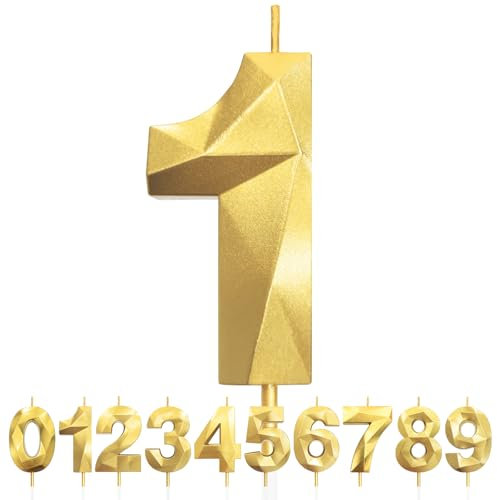 Geburtstagskerzen Zahlen 1, 5cm 3D Gold Geburtstagskerzen, Kerzen Geburtstag, Zahlenförmige Kerze, Tortendeko Geburtstag für Geburtstag Party, Hochzeiten, Jubiläen, Birthday Candle Nummer 1