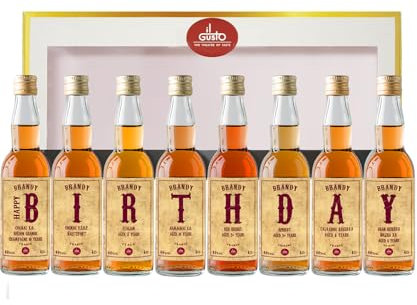 IL GUSTO Birthday Brandy Selection Box – Premium Gift Set | Cognac, Armagnac, Calvados & World Flavours | Arranged to Spell Happy Birthday | Unique Gift for Brandy Lovers (Pack of 8) (Printed Box)