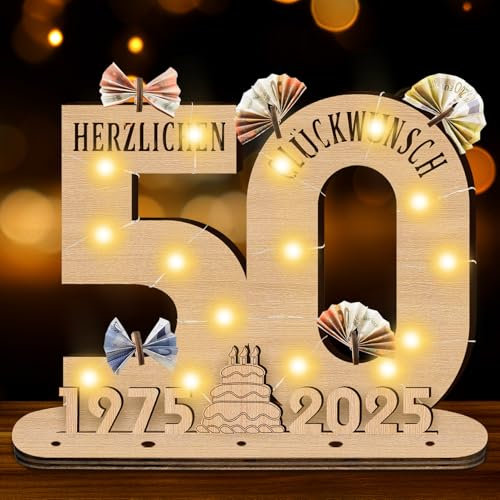GothicBride 2025 50 Geburtstag Fraun Männer, 50 Geburtstag Deko Frauen Holz-Schild mit LED, 50 Geburtstag Mann Deko Gästebuch Geldgeschenke Geburtstag Deko, Personalisierbares Geschenk