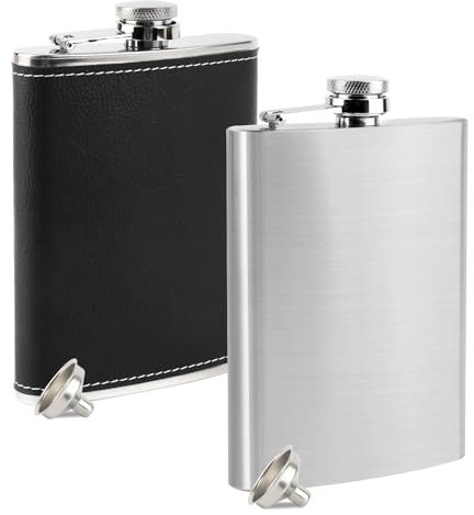 2 Edelstahl Flachmann und 2 Trichter, 8oz/227ml Fassungsvermögen Flask, RISVOWO Flachmann Leder Klein Geeignet Zum Tragen von Alkohol Set für Stilvolles Trinken Unterwegs (Schwarz & Silber)