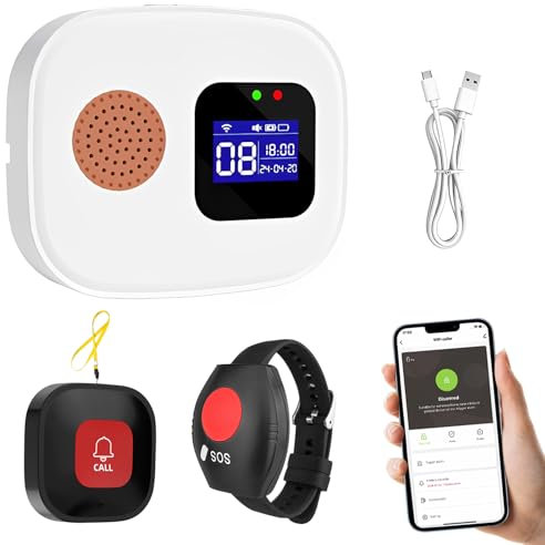 Notrufknopf für Senioren, Senioren Notruf, WiFi Smart Notrufklingel Alert System Mit Digitalanzeige, 1*SOS Notrufknopf,1*Empfänger,1*Senioren Notruf Armband,Hausnotruf für ältere Patienten,Behinderte