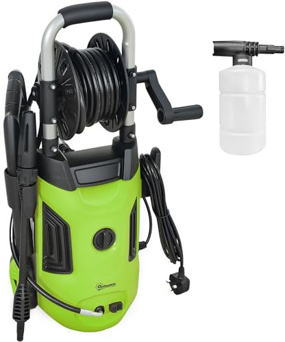 Outsunny 1800W High Pressure Washer, 150 Bar Pressure, 420 L/h Flow, Portable Power Washer Jet Wash Cleaner with Adjustable Nozzle, 6M Hose, Hose Reel, Steel Handle for Home Patio Car Driveway, Green