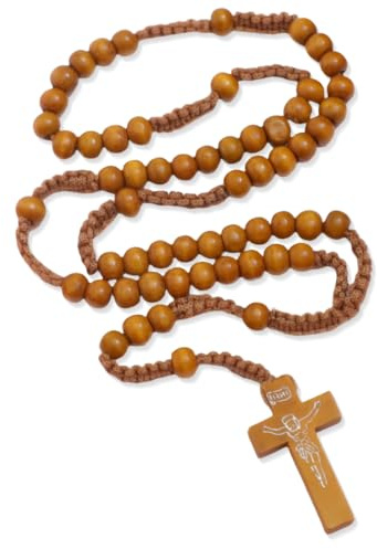 Halskette mit Rosenkranz aus Holz, Katholisches Kreuz Rosenkranz Halskette, Naturholz Gebetskette Halskette, für katholische Christen Religiöse Kommunion, Taufe, Messe, Bibel