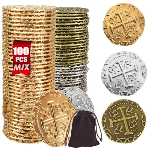 ZUCOS Piraten Münzen Zubehör,Goldmünzen-Set, Metall Goldtaler Deko Dublonen für DND Brettspiele, Cosplay, Realistische Mittelalter Geld-Imitation, Piratenschatz (Gold 50,Silver 30,Copper 20, Large)