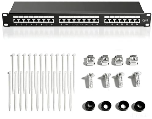 Panneau de brassage CAT 6 24 ports blindé (STP) - Panneau de distribution - 24 prises RJ45 blindées - Montage mural/de bureau - Noir - Compatible avec TIA/EIA-568A et 568B