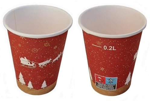 cwpack 500 Glühweinbecher Einwegbecher Isolierbecher Schneemannbecher aus Hartpapier 0,2l Rot/Weiß weihnachtliches Design für heiße Getränke