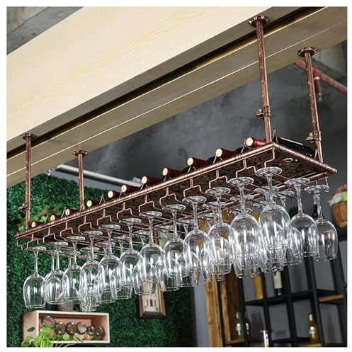 Étagère à Verres à vin Suspendue au Plafond, de Style Industriel, en métal, pour Ranger Bouteilles et Verres à Pied. Idéale pour la Maison, Le Restaurant ou Le Bar(Bronze,80cm)