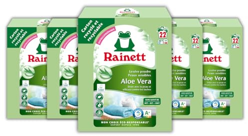 RAINETT - Lessive Poudre Peaux Sensibles - Formule Hypoallergénique - Tensioactifs d'Origine Végétale - Carton Recyclé & Recyclable - Aloe Vera - 22 Lavages - 1,45 kg - Pack de 5 boîtes