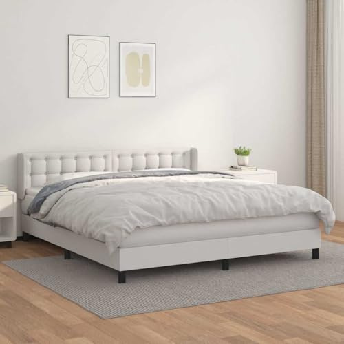 QUAHEAS Boxspringbett 160x200 cm Weiß, Kunstleder, höhenverstellbares Kopfteil, Taschenfederkernmatratze, mittelfeste Unterstützung für erholsamen Schlaf