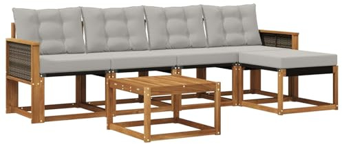 vidaXL Outdoor-Sofagarnitur mit Kissen 6 pcs Natürlich und Hellgrau, Gartenmöbel, modernes Outdoor-Sofa, modulare Sitzgruppe für Terrasse und Lounge, langlebig und bequem