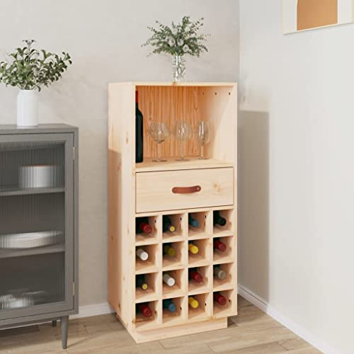 Weinregal aus massivem Kiefernholz 45x34x100 cm, mit Schublade und Fach, Stauraum für bis zu 16 Flaschen, ideal als Bar Schrank, Sideboard, Anrichte für Wohnzimmer, Küche, Party, Keller