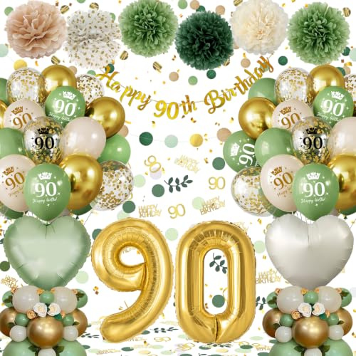 90th Birthday Decorations for Women Men, Green Gold 90th Birthday Balloons | Happy 90th Birthday Banner Decorations,Heart Balloons, Confetti for 90th Party Decorations,90th Birthday Gifts for Women Men