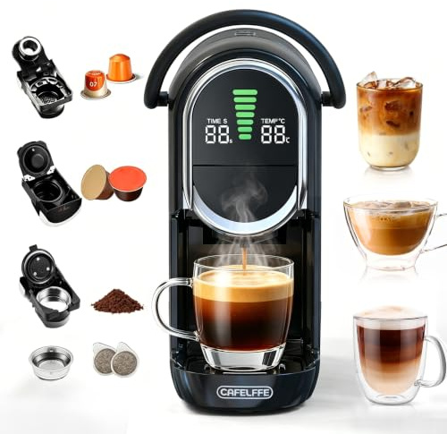 CAFELFFE 4-in-1 Kapselkaffeemaschine, 20 Bar, 600 ml Wassertank, 7-stufige Wassermengen- und Temperaturregelung, kompatibel mit NS*/DG*/ESE-Pads und Kaffeepulver, Schwarz