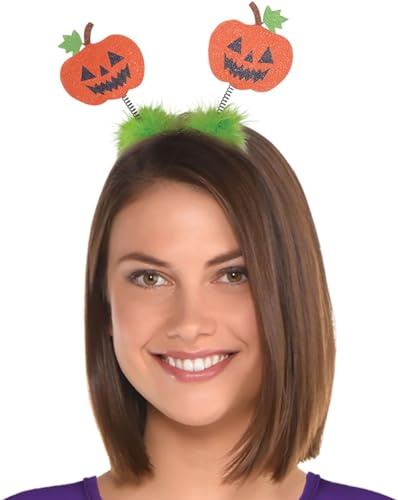 Amscan 846169-55 - Haarreif Kürbis, Einheitsgröße für Erwachsene, Orange-Grün-Schwarz, mit Maraboufedern u. glitzernden Kürbisgesichtern auf Spiralen, Halloween, Karneval, Verkleidung, Kostüm