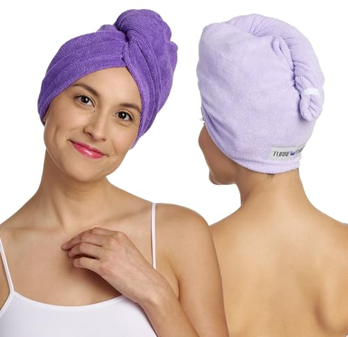Turbie Twist Confezione da 2 asciugamani per capelli in microfibra per bellezza, viaggi, regali, turbante avvolgente per capelli lisci, mossi e ricci - Cura personale di alta qualità, viola scuro e