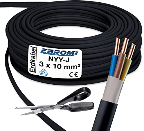 EBROM Câble d'alimentation NYY-J 3 x 10 mm² - Câble de terre NYY-J 3 x 10 mm² - Noir - Vendu au mètre exact au mètre : sélection par incréments de 5 mètres, à partir de 5 mètres - 3 x 10 mm² - Votre