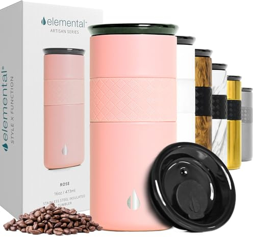 Elemental Artisan Insulated Tumbler - Triple Wall Coffee Travel Tumbler, Stainless Steel Coffee Tumbler with Ceramic Lid - Thermal Coffee Cup - Hot (6 Hrs) & Cold (18 Hrs) - Matte Rose Pink - 473 ml