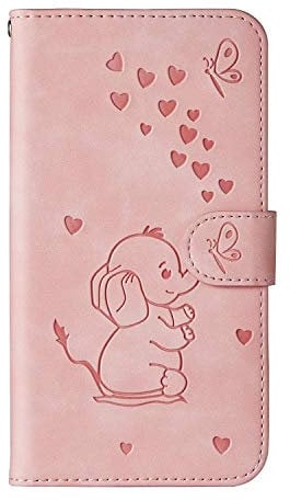 Annuo Wallet Phone Case Samsung A10 Phone Case Shockproof Mobile Phone Cover For Samsung A10 Case Wallet Cute Case Samsung Galaxy A10 Flip Case Leather Card Holder Love Heart Elephant Butterfly Pink