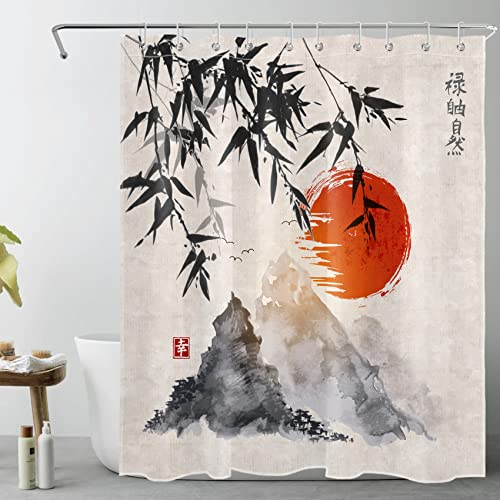LB Duschvorhang Bambus Schwarz Duschvorhänge Rot Sonne Berge Japanisch Natur Bad Vorhänge Antischimmel Waschbar Wasserdicht Polyester Stoff Badezimmer Vorhang mit Haken,150X200CM