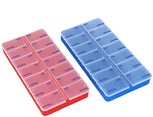 COM-FOUR® 2X Medikamentendosierer auf ENGLISCH - Medikamenten-Box für 7 Tage - Pillendose - Tablettendose - Tablettenbox - Wochendosierer zur Aufbewahrung [ENGLISCH] (dunkelblau/rot)