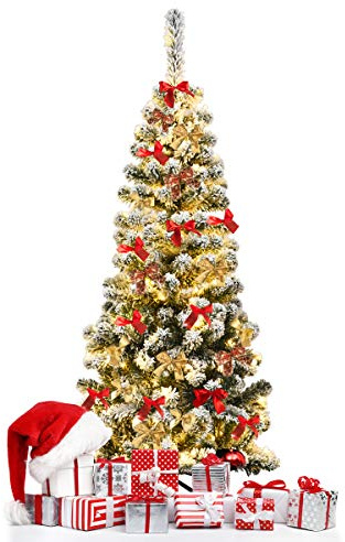 RELAX4LIFE Albero di Natale Slim 135/180/225cm, Albero di Natale con 150/250/350 Luci Incorporate, Albero Artificiale Innevato, Decorazioni Natalizie per Camino Home Office (135cm)