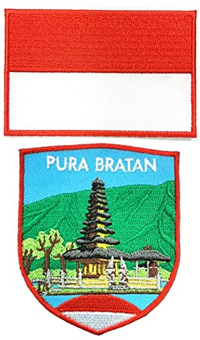 A-ONE Confezione da 2 toppe con bandiera indonesiana Pura Bratan, Tempio di Shaivism, Punto di riferimento di Bali, Parvati, Religioso ricamato distintivo decorazione NO.292C