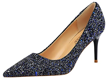 Damen Spitze Pumps Elegante Pailletten High Heels Stiletto Abendschuhe Hochzeit Prom Party mit 7cm Absatzhöhe (Blau, Adult, Women, Numeric_40, Numeric, eu_Footwear_Size_System, medium)
