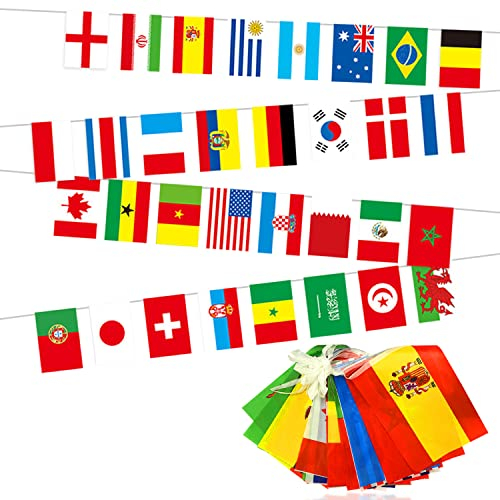 64 banderas de fútbol de la Copa del Mundo 2022, banderas de la Copa del Mundo de 32 países, banderines internacionales de 10 m para fiestas de fútbol, bar, jardín, decoración calle (14 x 21 cm)