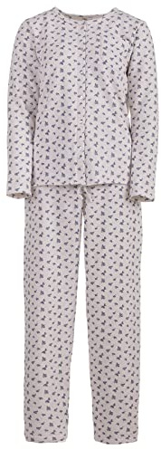 Zeitlos Pyjama Thermo Damen Schlafanzug Rundhalsausschnitt Blumen blau Baumwolle Bordüre V-Ausschnitt Pyjama Thermo Damen Schlafanzug Blumen blau, Farbe:Off-White, Größe:L