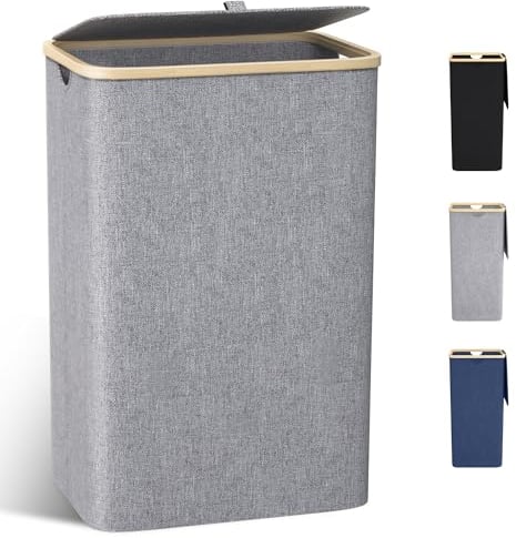 Panier à Linge avec Couvercle,100L Grand Corbeille à Linge avec Poignées en Bambou, Bac a Linge Laundry Basket Pliable XXL Pliable avec Sac Amovibles en Tissu Oxford,Gris