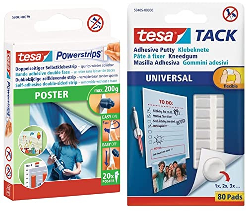 tesa Powerstrips POSTER - Doppelseitige Klebestreifen für Poster und Plakate - 20 Stück & TACK Klebeknete - selbstklebende, formbare Klebepads zum Befestigen leichter Objekte - weiß, 1 x 80 Stück