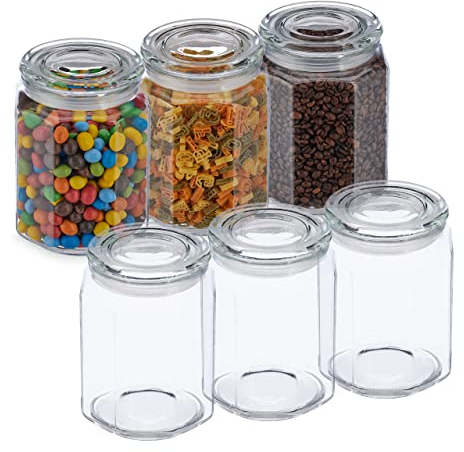 Relaxdays Vorratsgläser mit Deckel, 6er Set, Glas, 1,8 l, achteckige Vorratsdosen, luftdichte Glasbehälter, transparent