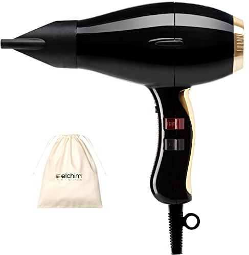 Phon für Haare Elchim 3900 Healthy Ionic Schwarz & Gold mit Schuko-Stecker und Baumwolltasche - Professioneller Haartrockner Made in Italy - Leicht und leise, 30% reduzierte Trocknungszeit, 2400W