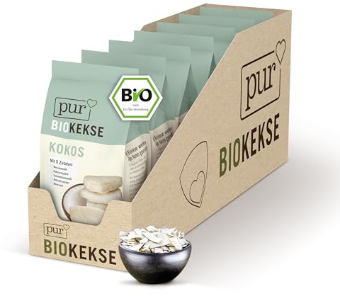 Pur Bio Kekse mit Kokosraspeln, 7 x 125g Beutel, Kokos Kekse Großpackung, leckerer veganer Snack als Knabberartikel, Keksgebäck mit nur 5 natürlichen Zutaten, bio, vegan