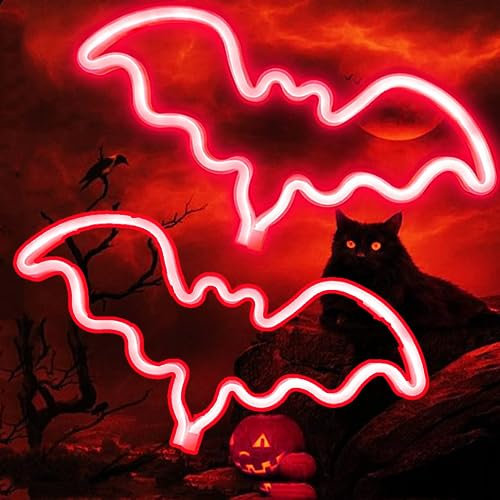 Bat Neonschilder für Halloween als Wanddekoration für Schlafzimmer, Nachttisch und Wohnheim, Neonleuchtende LED Neon Fledermaus Schild als Halloween Weihnachtsfeiern Tischdeko(2 Rot)