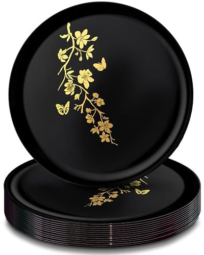 Decorline Garden Edge Collection Speiseteller aus Kunststoff, rund, 15,9 cm, Schwarz und Gold, perfekt für Partys, Hochzeiten und Feiern
