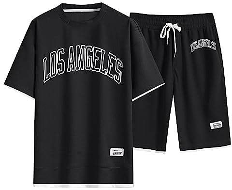 Männer Leicht Freizeitanzug Kurze Hose Bequeme Baggy Anzüge Sommer Kurzärmelig Freizeit Sportanzug T-Shirt Shorts Bedruck Komfort Herren Lässig 2-Teilig Kurz Lockere Hausanzug Im Haus (Black, XXXL)