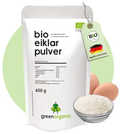 Poudre de blanc d'oeuf bio pure à base d'œuf bio pour la cuisson, la pâtisserie et les milk-shakes, pasteurisées, séchées par pulvérisation, 450 g GreenOrganic
