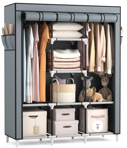 Vicye Armario de Tela para Ropa Plegable, Organizador Ropero con 2 Barra para Colgar, 8 Estantes y 4 Bolsillos Laterales, Marcos Metálicos, Gran Capacidad (Gris 124 x 42 x 162 cm)