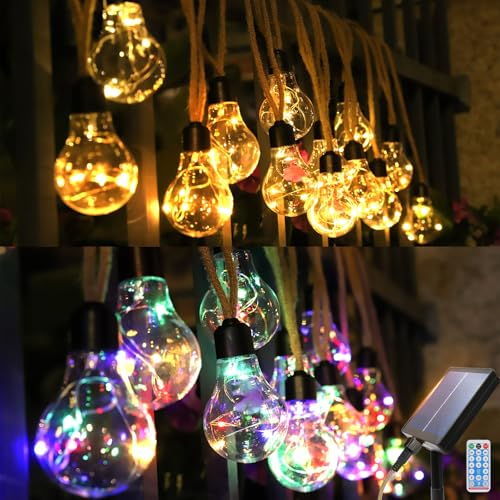 Solar Lichterkette Außen Bunt mit 20 Glühbirnen, 11.5m 1200 mAh Strom/Solarlichterkette Außen Wetterfest mit Fernbedienung und Timer,Led Outdoor Lichterkette,Balkondeko Beleuchtung für Gärten Hochzeit