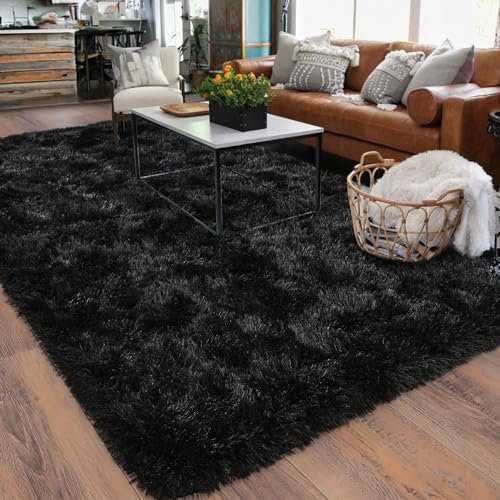 BSGIFT Flauschiger Hochflor Teppich 200x300 - Teppich rutschfest für Wohnzimmer Schlafzimmer Kinderzimmer - Modern Wohnzimmerteppich Bettvorleger, Shaggy Langflor Fellteppich Schwarz