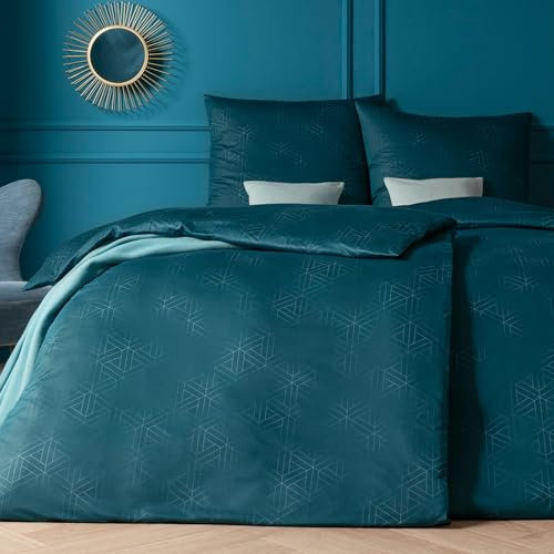 ESTELLA Mako Interlock Jersey Bettwäsche Pippa | 100% Baumwolle | trocknerfest und bügelfrei | 155x220 cm + 80x80 cm | Farbe: 050 - Petrol