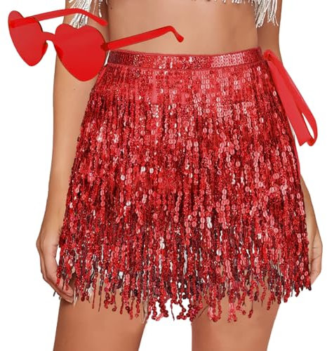 Pailletten Rock, Pailettenrock für Damen Gläser Set, Glitzerrock + Gläser, Quasten Glitzer Rock, Mini Rock für Damen und Mädchen, Rot Bauchtanz Lateintanz Hula-Performance Kostüm, Steampunk Stil