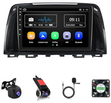 Android 14 Double Din Car Stereo 9 Inch Touch Screen Car Radio For Mazda 6 lll 2012-2017 With Bluetooth FM WiFi SWC Android Auto Carplay GPS Navigation AHD Reverse Camera(Y1 1+32G)