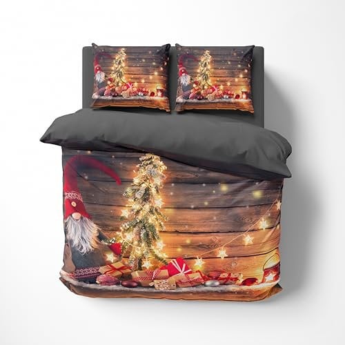 FEBE 3D Bettwäsche Elf Weihnachten Bettbezug-Set 135x200 + Kissenbezug 80x80 cm Wendebettwäsche 2 Teilig mit Reißverschluss Mikrofaser Winterbettwäsche Duvet Cover