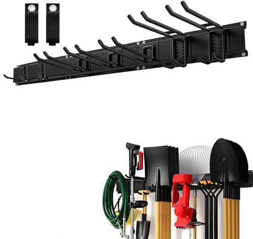 YedZen Wandhalterung Gerätehalter mit 7 Metallhaken, 48inch/121cm Metall Garagen Wandhaken Werkzeugregal mit 3 Rail Panel, Werkzeughalter Organizer für Besen Keller Gartengeräte Rechen Werkstatt