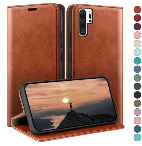 HUOUH für Huawei P30 Pro Hülle mit RFID Schutzhülle aus Lederhülle Handyhülle,Kartenfach Leder ständer Handy hülle,360 Grad Schutz Cover für Huawei P30 Pro Klapphülle Wallet Case Hellbraun