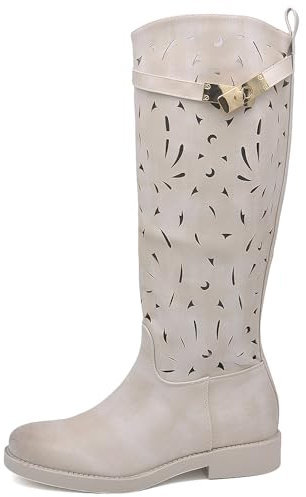 IF Fashion Stivali da Donna Biker Motociclista Traforati Primaverili Estivi Con Cinturino Rimovibile Fibbia Dorata 696 beige N.39