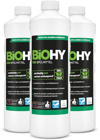 BiOHY Liquide vaisselle Plus (3 x 1 litre) - Concentré liquide bio pour vaisselle avec Ecolabel UE - Dégraissant extra puissant - Idéal pour distributeur de liquide vaisselle - Respectueux de